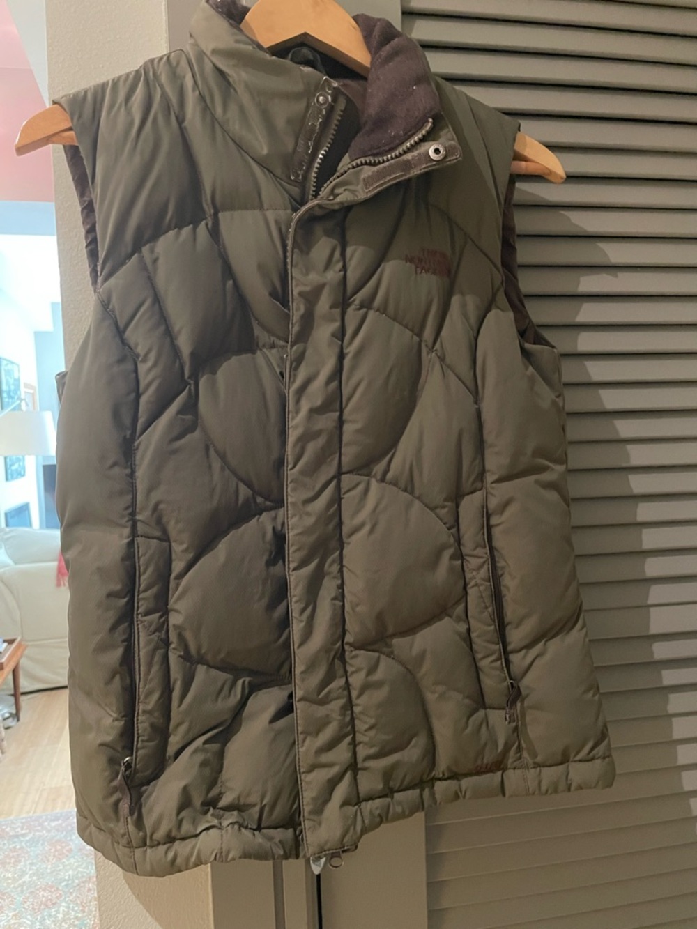 The North Face Olive Green Quilted Puffer Vest with Pink Logo